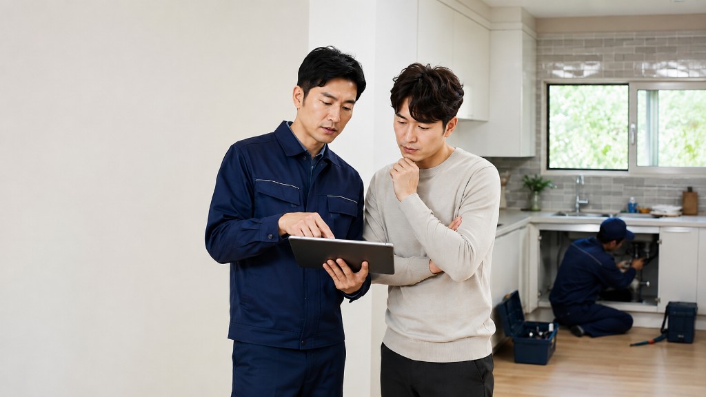 주방 현장에서 태블릿으로 점검 내용을 안내하는 감탄누수 전문가